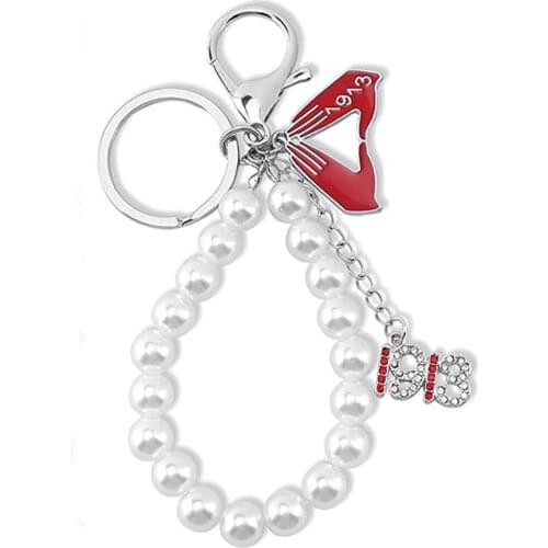 Red Enamel Hand Greek Letter 1913 Pearl Key Chain Fortitude Sorority Keychains