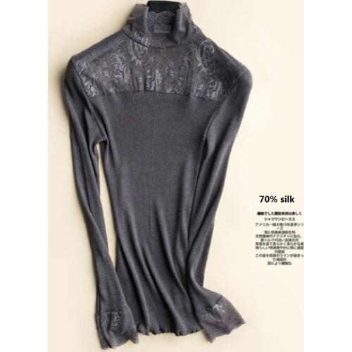 Lace silk pullover 2021 spring sexy woman tshirts knitting ladies tops shirts for women top sweater turtleneck womens clothing