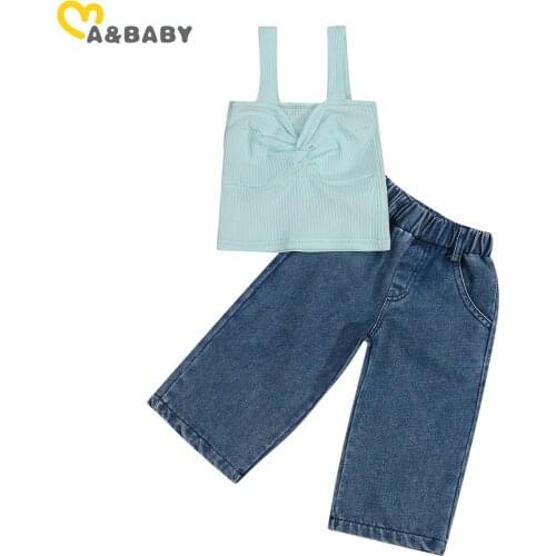 Ma&Baby 2-7Y Summer Child Kid Girls Clothes Set Knitted Vest Tops Blue Jeans Outfits Children Costumes
