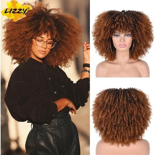 Short Hair Afro Kinky Curly Wigs With Bangs For Black Women African Synthetic Omber Glueless Cosplay Wigs High Temperature Lizzy