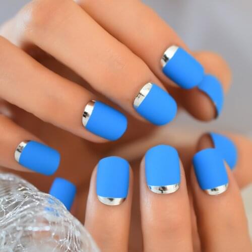 24pcs Blue Professional Fake Nails Short French Acrylic Nail Tips Press On Wear Nails Full Cover Manicure Beauty Tools