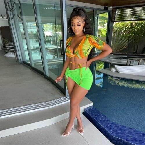 VAZN 2021 New Green Little Chap Sexy Beach Set Short Sleeve Top High Waist Bandage Mini Skirts Skinny Women 2 Piece Set