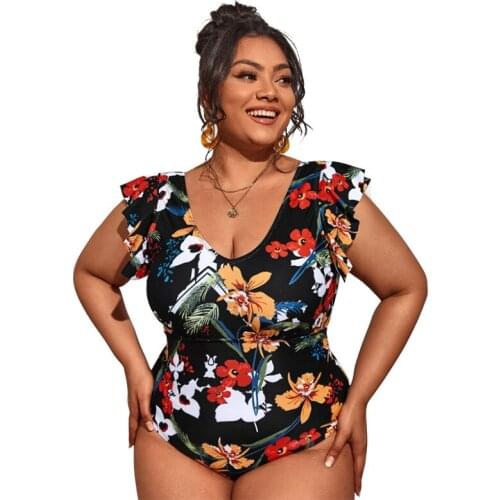 2021 Female New Plus Fat Size One-Piece Swimsuit Sunblock Hot Spring For Women Printed Flower V Neck Big Plus Swimwear 4XL SW185
