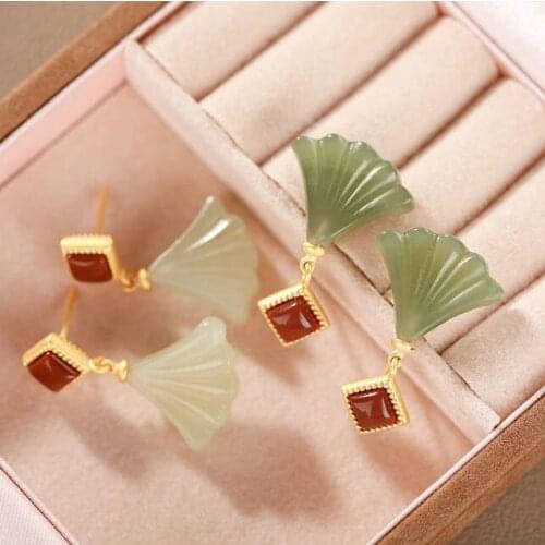 New silver inlaid natural Hotan white Chalcedony Red Jasper Earrings Chinese style retro charm minority design womens jewelry