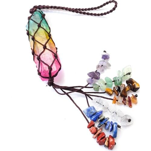 Braided Healing Rainbow Crystal Pillar Irregular Seven Chakras beads stone Pendants Chain Jewelry for Car Bag Ornament