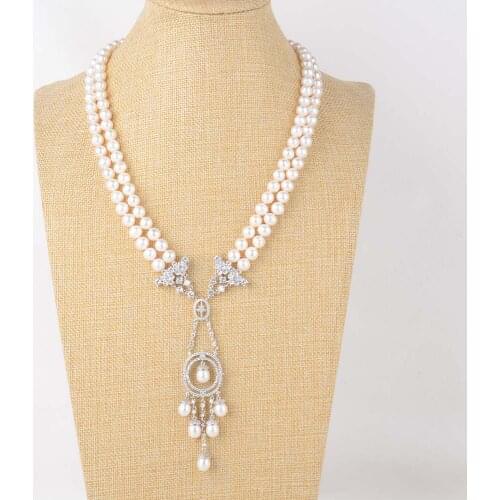 23" 2 Strands White Pearl Necklace CZ Pendant