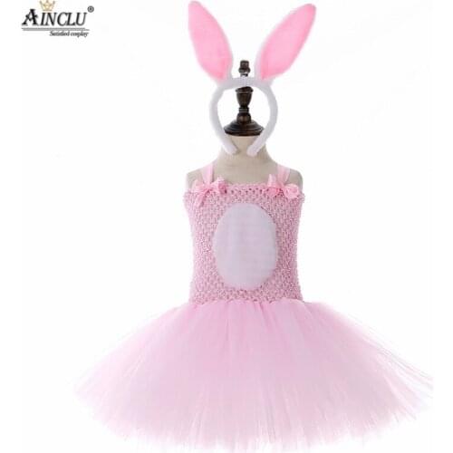 Easter Pink Rabbit Tutu Dress with Headband Tail Girls Birthday Outfits Kids Halloween Cosplay Costumes for Girls Party Clothes