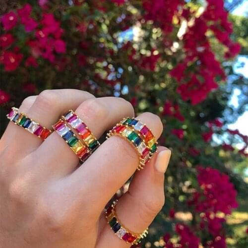 Dropshipping Luxury Womans Rainbow Crystal Rings 18K Gold Jewelry Cubic Zircon CZ Rings For Women Ins Gift