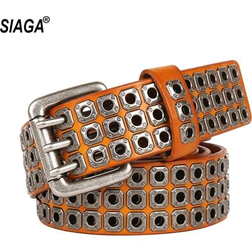 Unisex Personalized Three Pin Buckle Rivet Hip-hop Punk Metal Belt Quality Cow Skin Leather Belts for Men & Women SA020