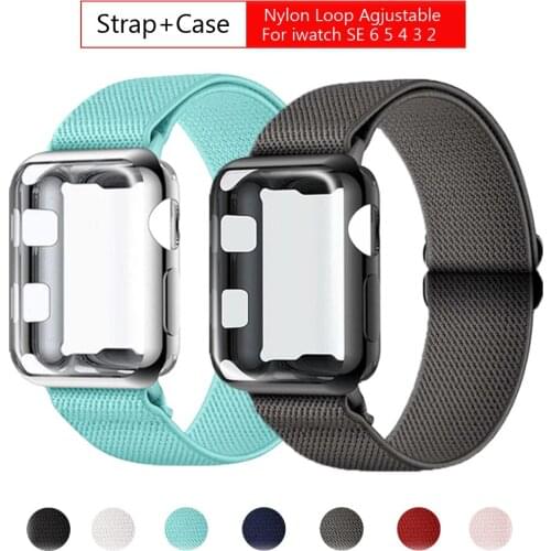 Nylon Loop Strap+Case for Apple Watch SE 6/44mm 42mm Agjustable Elastic Bracelet for iwatch series 5 4 3 2/40mm 38mm accessories