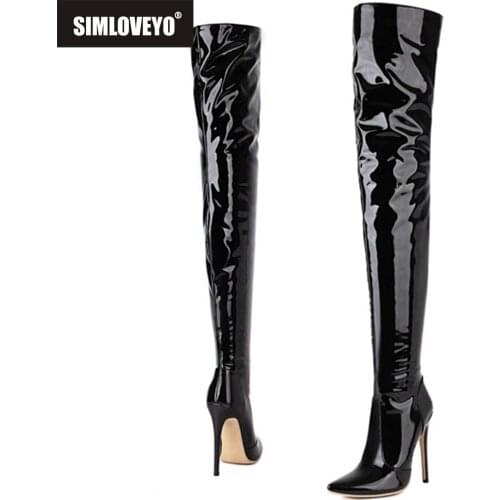SIMLOVEYO Sexy Luxury Party Over Knee High Boots Patent Leather Zipper Pointed Toe 12cm Stileeto Heel Ladies Plus Size 49 S2463