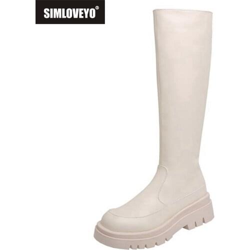SIMLOVEYO Women Mortorcycle Ridding Knee High Chunky Boots Zip Round Toe Thick Bottom Platform Winter Warm Ladies Footwear S2491