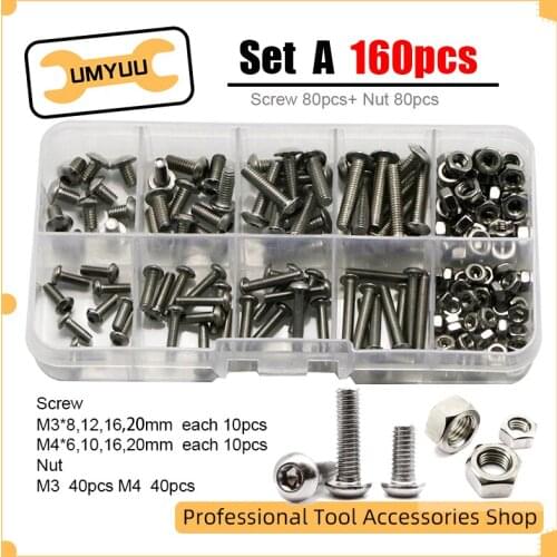 UMYUU 160Pcs Hexagon Hex Socket Button Head Screw M3 M4 Hex Nut Stainless Steel Bolts Round Head Screw Assortment Kit