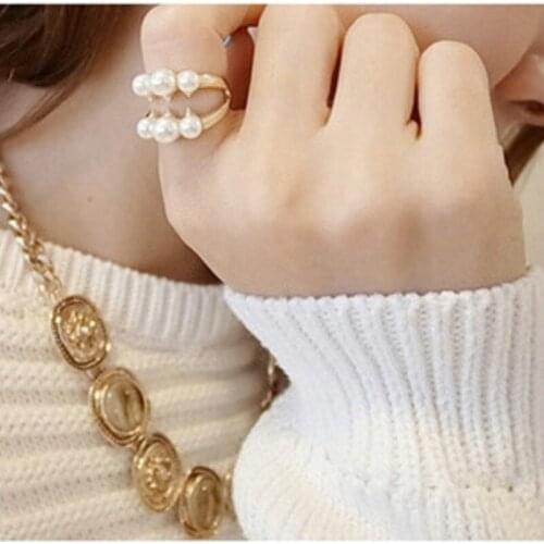 VAKKI Fashion Jewelry Imitation Pearl Rings Gold Ring Women Jewelry Ring Adjustable Crystal Rhinestone