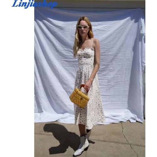 Vintage fashion summer autumn dress slash neck spaghetti straps lining floral print elastic zippers beach midi dress