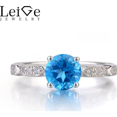Leige Jewelry Swiss Blue Topaz Rings Round Cut Engagement Promise Ring 925 Sterling Sliver Gemstone Jewelry November Birthstone