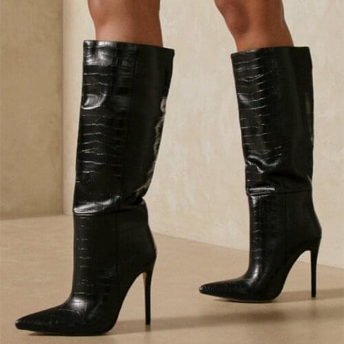 Crocodile Print Textured Shoes Boots Short Knee High Sexy Boots for Ladies Thin Heel Big Size 43