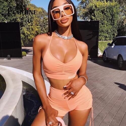 Echoine PINK Letter Print Fitness Matching Pleat Sets Women Summer Sling Crop Tops and Skinny Biker Short Athleisure Outfits