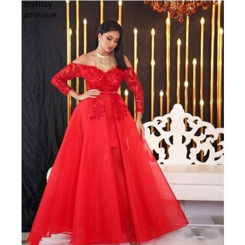 New Long Sleeve Red Evening Dresses 2021 A-line Robe Soiree Dubai Dress Party Abendkleider Gown Abiye Elbiseler Robe De Soiree