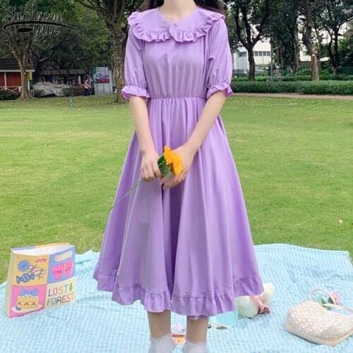 Peter Pan Collar Short Sleeve Dress Summer 2021 New Solid Elastic High Waist Dresses Vintage Knee Length Midi Dress Women 9857