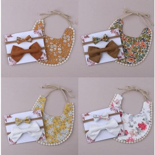 1 Set Baby Printing Bowknot Headband Bibs Set Double Sided Soft Cotton Feeding Saliva Towel Bandana Scarf Hair Band Kit