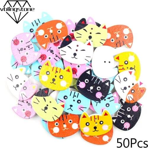 50Pcs 25x20mm Multicolor Cat Wooden Button Cute Cartoon Animal Buttons For Children 2-Holes Sew Buttons Handmade Scrapbooking