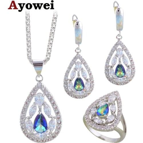 Ayowei New Style Mutil color Crystal Silver Stamped Fashion Jewelry Set Earring Necklace Ring Zircon JS687A For Women