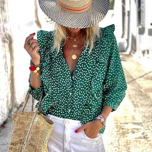 Womens Casual Blouses Printed Long Sleeve Vintage Cowl Neck Tunic Shirts Femme Tops With Botton Blouse 2021 Summer Fashion