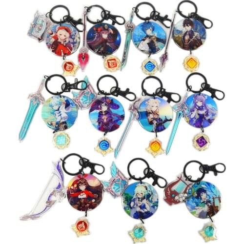 Genshin Impact Keychains Eula Zhongli Xiao Venti Diluc Cosplay Weapons Eye of God Key Ring Anime Charm Gifts