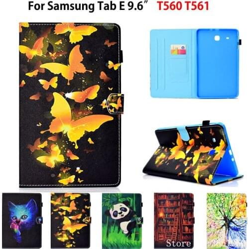 Case For Samsung Galaxy Tab E 9.6" SM-T560 T560 T561 Smart Cover Funda Panda butterfly Pattern Silicone PU Leather Stand Shell