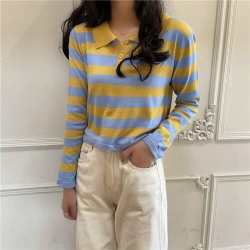 Harteen Autumn Winter 2021 Fashion Casual Ladies Turn-Down Collar Striped Knit Long Sleeve Womens Clothes Thin Sweater Femme Top