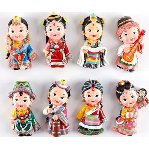 Hand-made Painted Chinese Tibetan Ethnic Costumes 3D Fridge Magnets Tourism Souvenirs Refrigerator Magnetic Stickers Gift