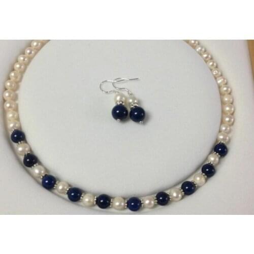 8-9 mm Real White Cultured Pearl/Lapis Lazuli necklace earrings set