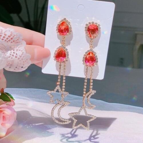MENGJIQIAO Korean Elegant Moon Star Rhinestone Tassel Drop Earrings For Women Fashion Waterdrop Crystal Brinco Party Jewelry