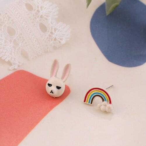 Fashion Lovely Rainbow Cloud Rabbit Head Stud Earrings Cute Glaze Asymmetric Earring Ear Jewelry For Women Girls Gift