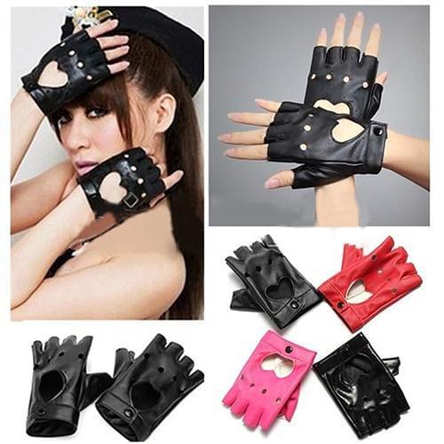 Fashion Women Driving Biker Fingerless Mittens Dance Heart Hollow Punk Motorcycle Gloves Cool Creative Retro Faux Leather Mitten