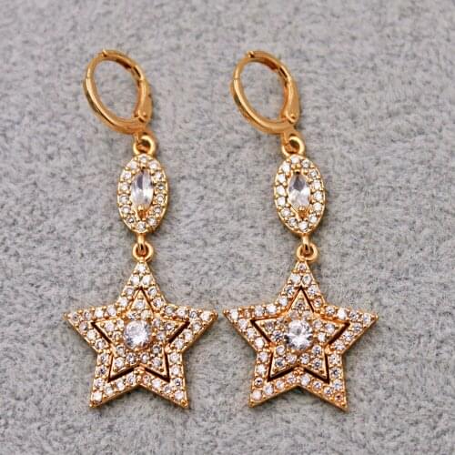 Trendy 18k Gold Copper Plated Dangle Drop Star Earrings White Zirconia For Women Girls Fashion Jewelry Accessories Wedding Gift