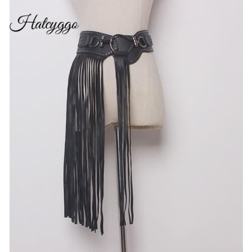 Fashion Leather Cummerbund Women Wide Belt Female Waistband Elastic Strap Punk Rivet Waist Belt Black Suspenders Belts Tassels