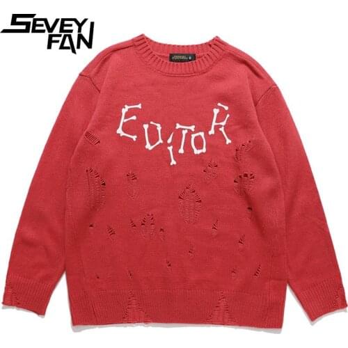 SEVEYFAN Mens Fashion Letter Printed Ripped Hole Sweater Streetwear Hip Hop Streetwear Knitwear Pullover for Couples
