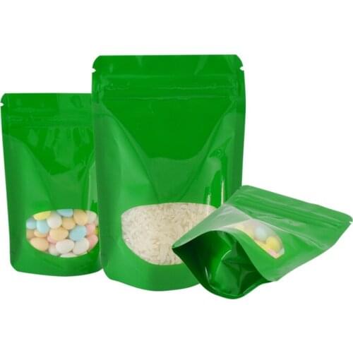 100 Pcs Green Windowing Stand Up Ziplock Bags Gift Dried Food Fruit Nuts Tea Packaging Pouches Zipper Sealing Bags Free Shipping