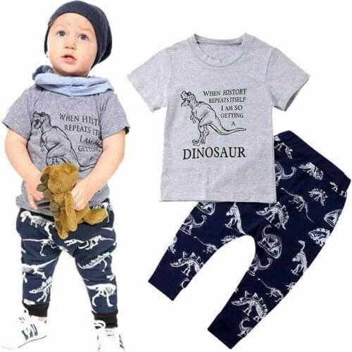 Dinosaur Kids Baby Boys Short Sleeve Cotton T-shirt Tops Long Pant Trouser 2PCS Outfits Casual Summer Clothes Set