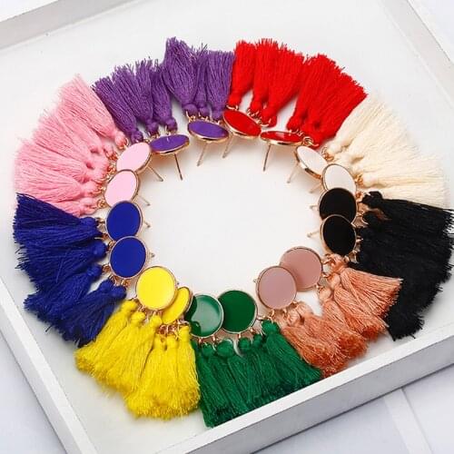 Tassel Earrings Blue Green Rustic Teardrop Round Moon Irregular Geometric Silk Fringe Tassel Earrings Charm Boho Jewelry