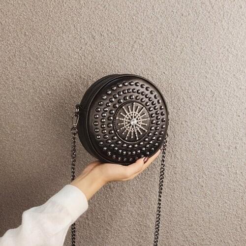 Stylish Cool Crystal Small round Bag 2020 New Style Mini Riveted Chain Womens Bag Fashion Textured Shoulder Messenger Bag