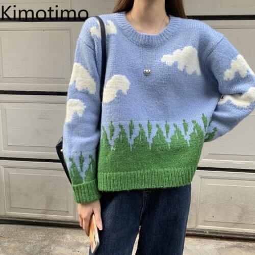 Kimotimo Sweater Women 2020 Autumn Oversize Blue Pullovers Cloud Knitted Jumper Femme Kawaii Ulzzang Harajuku Korean Clothing