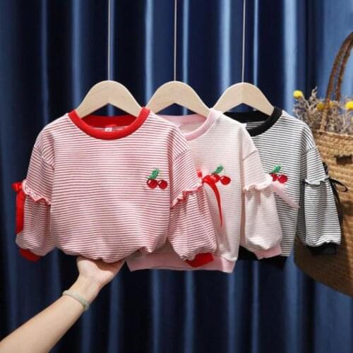 Girls spring long sleeve sweaters new baby kids girls cherry embroidered tops childrens Pinstripe autumn cotton clothing P4 176