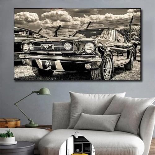 Vintage Mustang Classic Car Canvas Painting Gray White Posters and Prints Wall Art Picture for Living Room Home Decor Cuadros