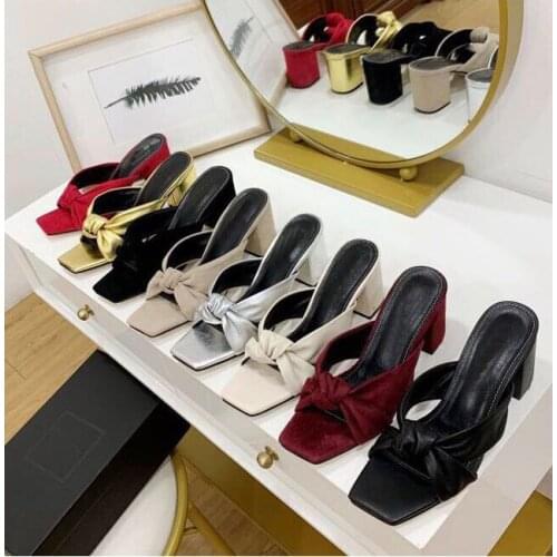 New arrival sheepskin butterfly-knot slippers women genuine leather high heel sandals runway style mules shoes woman