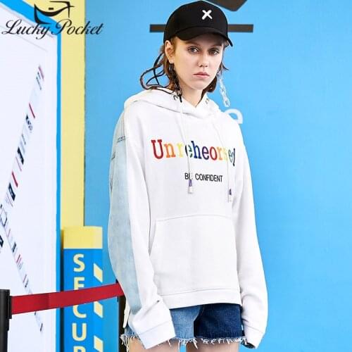 Female Spring New Fashion Fake Two Piece Hoodies Women Embroidery Denim Patchwork Sweatshirts Pluis Size Long Sleeve Tops Z1069