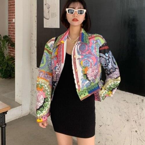 Women Retro Summer Geometric Patterns Printed Jacket Thin Abstract Cardigan Windbreaker Single-breasted Crop Tops Chaquetas 2021