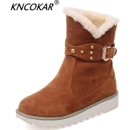 KNCOKAR 2019 winter new fashion casual womens boots snow Keep warm boots size code scrub sand belt buckle casual boots z0053